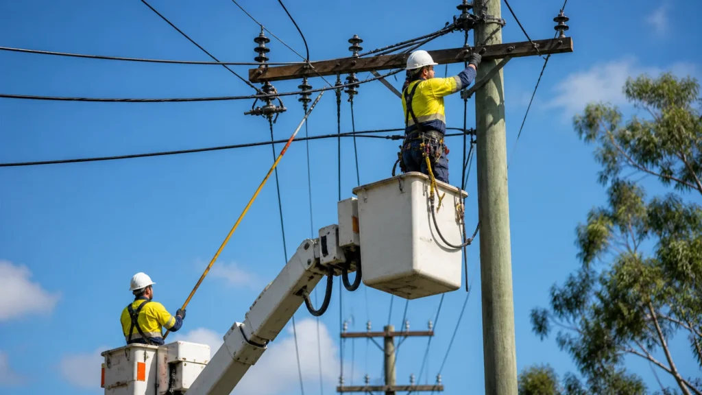 image of electrical technicians restoring power lines