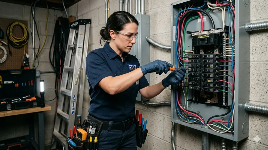 image of electrician replacing circuit breaker
