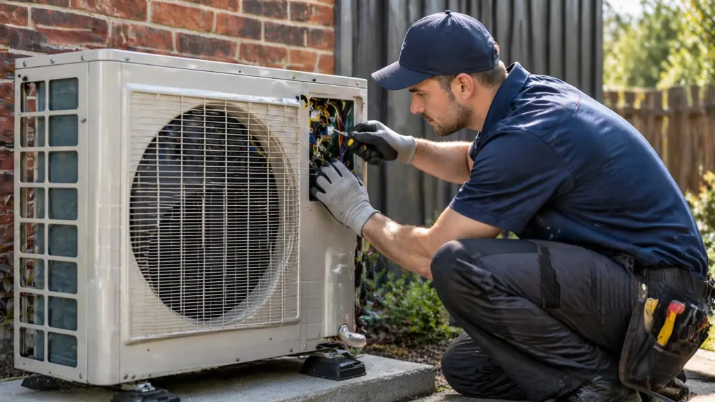 image of technician servicing an outdoor AC unit